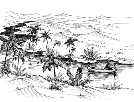 Egypt landscape hand drawing. Boat on Nile river