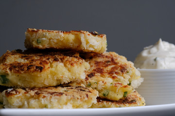 Close up Homemade   Potato Cakes with Cream Cheese Dips. (selective Focus)