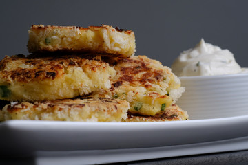 Close up Homemade   Potato Cakes with Cream Cheese Dips. (selective Focus)