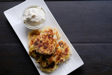 Close up Homemade   Potato Cakes with Cream Cheese Dips. (selective Focus)