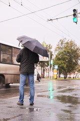 Wet asphalt. Man with umbrella. Overcast weather. Blurred Background