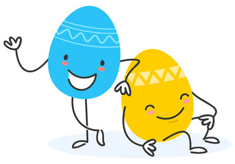Simple vector illustration of two flat design easter egg cartoon character standing and sitting isolated on white background