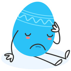 Simple vector illustration of a sad flat design easter egg cartoon character sitting on the floor isolated on white background