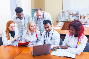healthcare. A group mixedrace of student medical students communicates in front of a laptop....