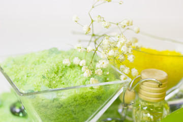 Spa concept with green bath salt