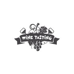 Wine tasting, winery logo template. Drink, alcoholic monochrome art, beverage symbol. Vine icon and typography design. Winery logo, premium quality sign. Stock vector illustration isolated on dark