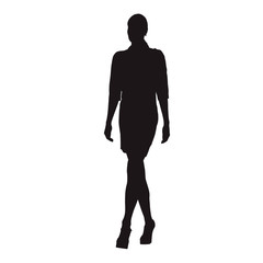 Slim businesswoman in long dress walking, isolated vector silhoutte