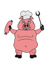 koch kochen grillen bbq chef küche schürze lecker essen hunger groß dick fett schwein eber ferkel comic cartoon lachen clipart
