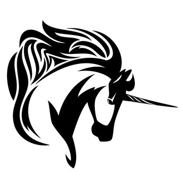 magic unicorn horse profile design - black and white vector animal head