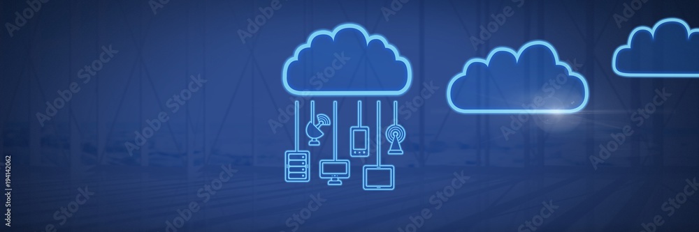 Poster cloud icons and hanging connection devices with blue background