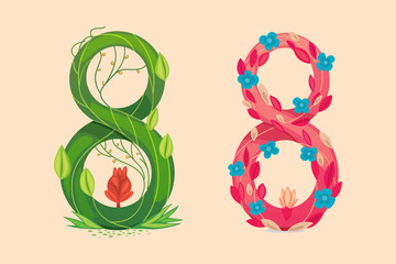 Pink and green 8 March. Floral Greeting elegant card design. Happy Women's Day.