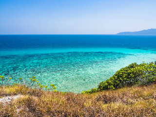Obraz premium Wonderful seascape. Clear blue sky and turquoise sea and coral reef with green plants on the hill.