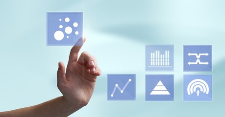 Hand touching business chart statistic icons
