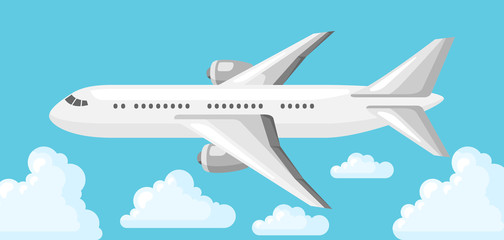 Fototapeta na wymiar Illustration of airplane on blue sky and clouds