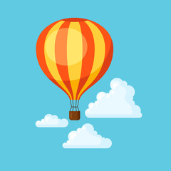 Travel illustration. Traveling background with hot air balloon and clouds