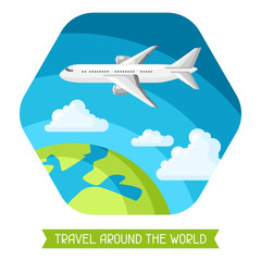 Fototapeta na wymiar Travel illustration. Traveling background with airplane and earth