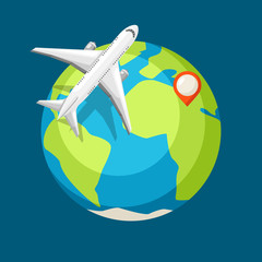 Naklejka premium Travel illustration. Traveling background with airplane and earth