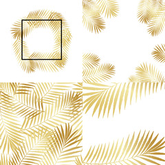 Summer golden tropical palm tree leaves seamless pattern, frames set. Vector grunge design for cards, wallpapers, backgrounds and natural product.