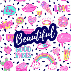 Beautiful greeting card, fashion poster. Hand drawn fashion pink color patches: rainbow, doughnut, cat, macaron, cake, lollipop seamless pattern. Vector pop art sticker, patches pin 80s-90s style.