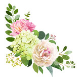 Wedding bouquet. Peony, Hydrangea and rose flowers watercolor illustrations
