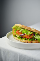 Fresh breakfast panini on white plate