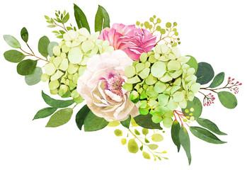 Wedding bouquet. Peony, Hydrangea and rose flowers watercolor illustrations
