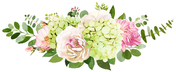 Wedding bouquet. Peony, Hydrangea and rose flowers watercolor illustrations