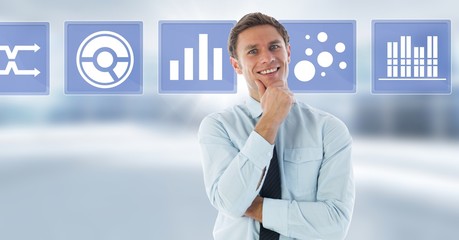 Businessman smiling and business chart statistic icons