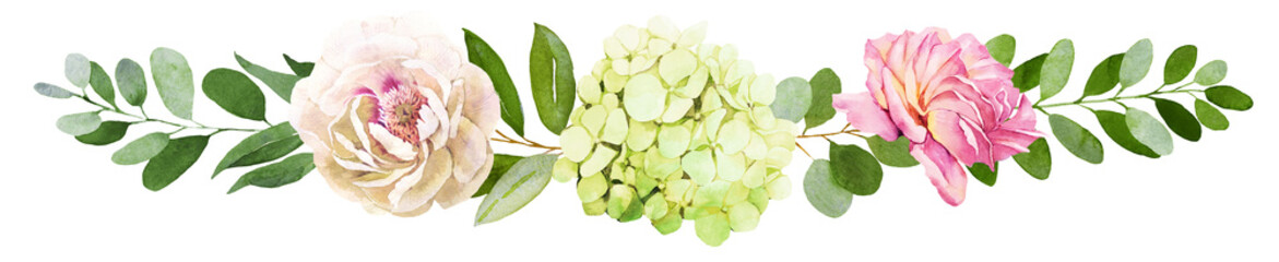 Wedding bouquet. Peony, Hydrangea and rose flowers watercolor illustrations