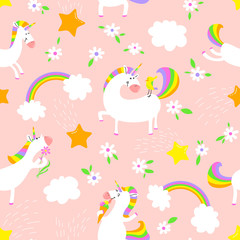 Magic unicorns background. Seamless pattern with mystical horse with corn and stars and rainbow
