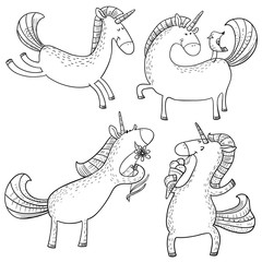 Magic unicorns set. Mystical doodle horse with corn isolated on white. Cute line art character