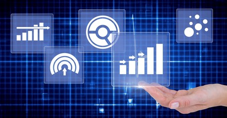 Hand touching business chart statistic icons
