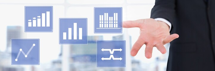Hand touching business chart statistic icons