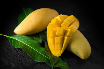 Ripe golden mangos with leaf on dark background