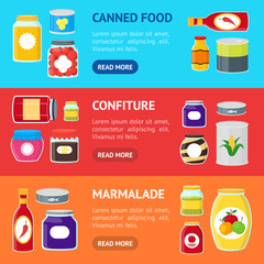 Cartoon Canned and Jar Food Banner Horizontal Set. Vector