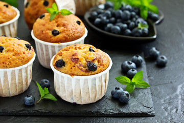 Oat muffins with blueberries on a dark background.