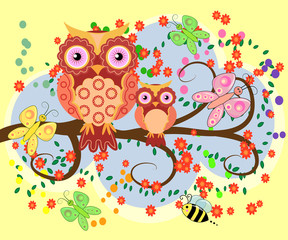 Obraz premium A happy family of owls on flowering tree branches, moms and children. Spring, summer, care. Mothers Day