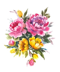 Fotobehang Decorative bouquet with blooming pink peonies. Watercolor background © Ida Skrynniko