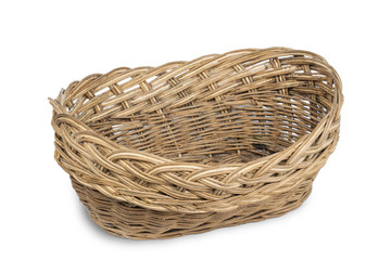 Old plaited empty basket on white background, isolated