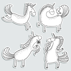 Fototapeta na wymiar Magic unicorns stickers set. Mystical doodle horse with corn. Cute sketchy character