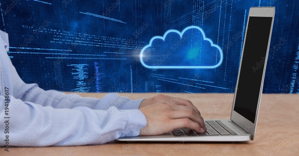 Poster hands using laptop and cloud icon with technology background