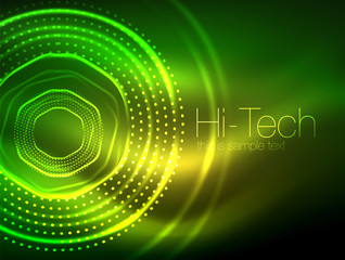 Magic neon circle shape abstract background, shiny light effect template for web banner, business or technology presentation background or elements, vector illustration