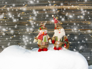 happy santa snowman christmas greeting card with snow and snowflakes