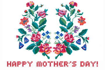 Card Happy Mother's Day. Embroidered bouquet of flowers isolated on white background