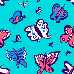 Seamless pattern with cute butterflies. Background with funny insects in doodle sketchy style.