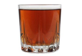 Glass jars with whiskey and ice on white background