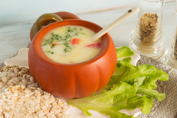Homemade vegetable soup with sweet pepper and cress lettuce leaves.