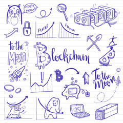 Crypto-currency doodle set. Vector illustration.