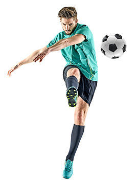 Fototapeta one caucasian soccer player man isolated on white background