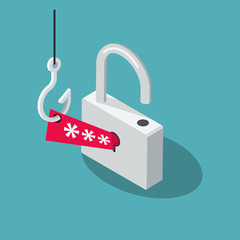 Phishing Scam vector symbol with padlock, red security password and fishing hook isolated on blue background. Flat design, easy to use for your website or presentation.
